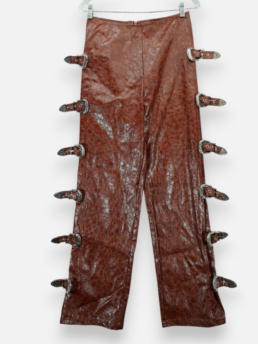 NWT Nasty Gal Distressed Faux Leather Buckle Detail Pants | Alligator Sz 10